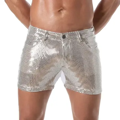 Glitter 5 Pockets Mid Thigh Shorts Silber